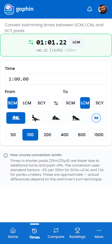 Gophin Course Converter showing a converted time