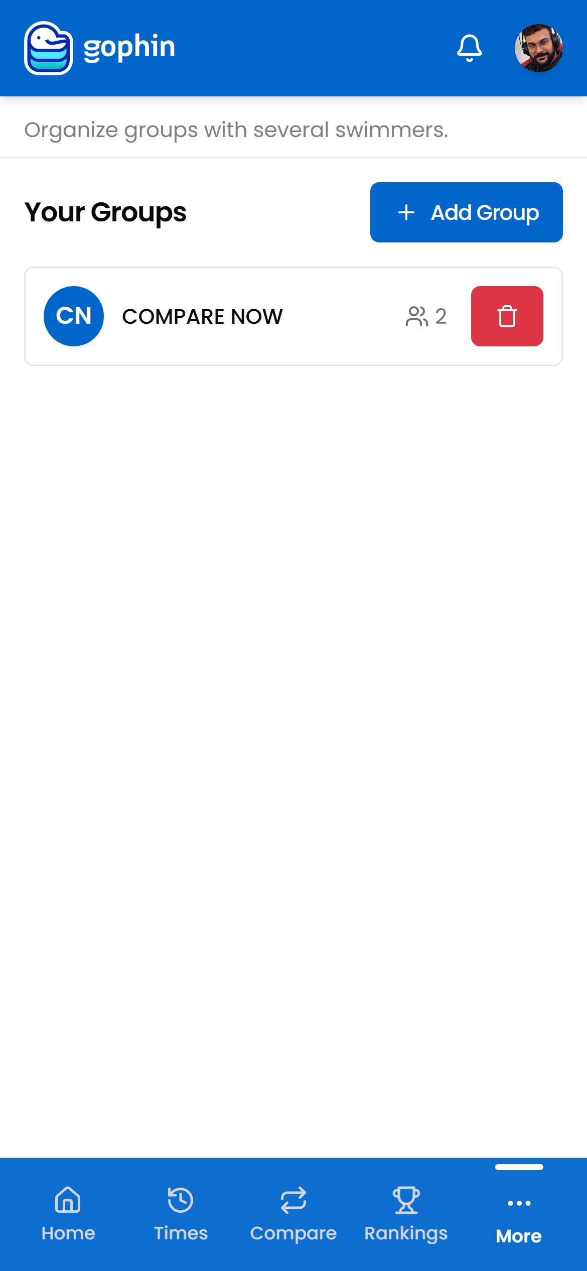 Gophin Edit Groups screen with a custom group and Add Group button