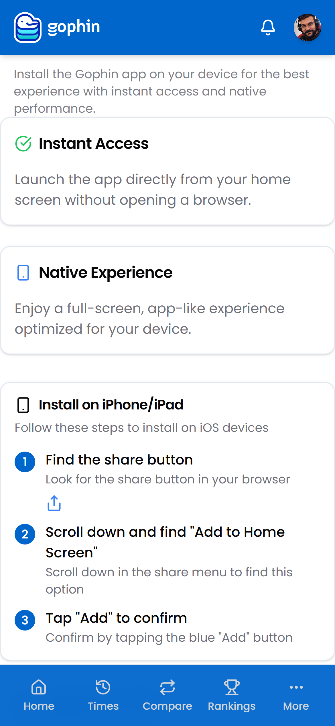 Gophin install page with step by step instructions for iOS