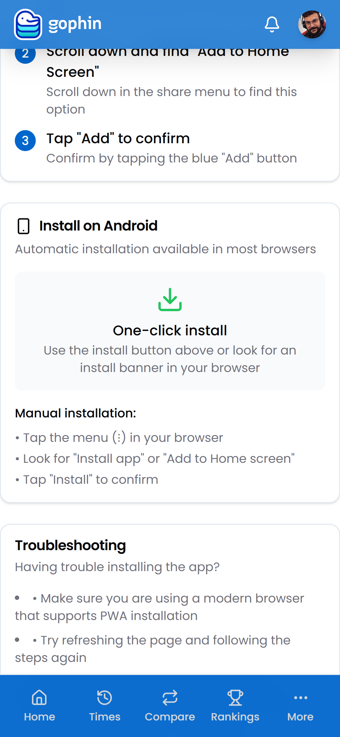Android installation steps and troubleshooting on the install page