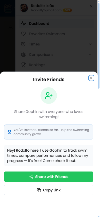 The Invite Friends sheet with Share and Copy Link buttons