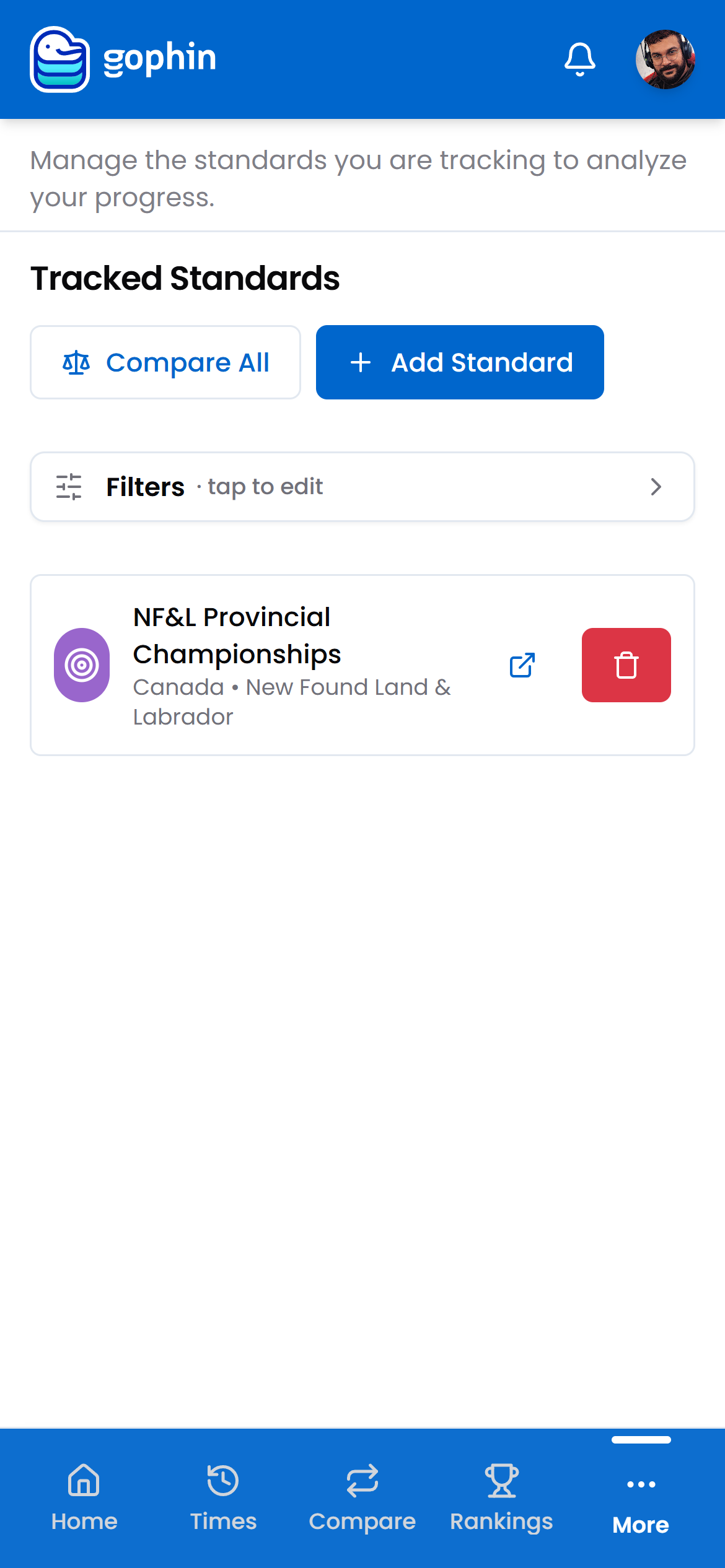 Gophin Manage Standards screen with a tracked standard and Add Standard button