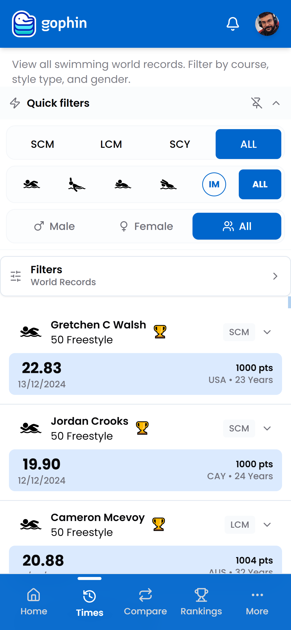 Gophin Records screen listing world records with times and points