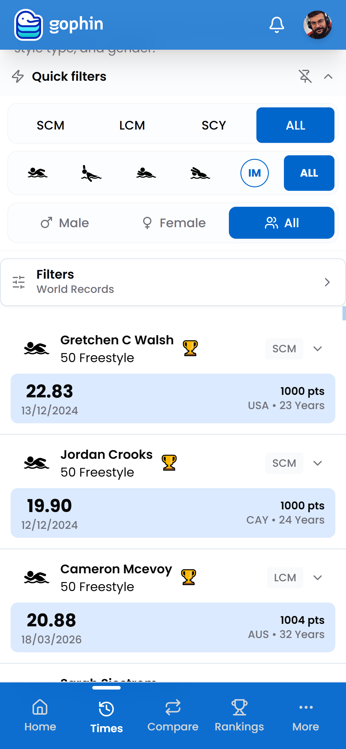 World records filtered by course, stroke, and gender