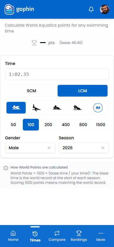 Gophin World Points Calculator with a time and event set